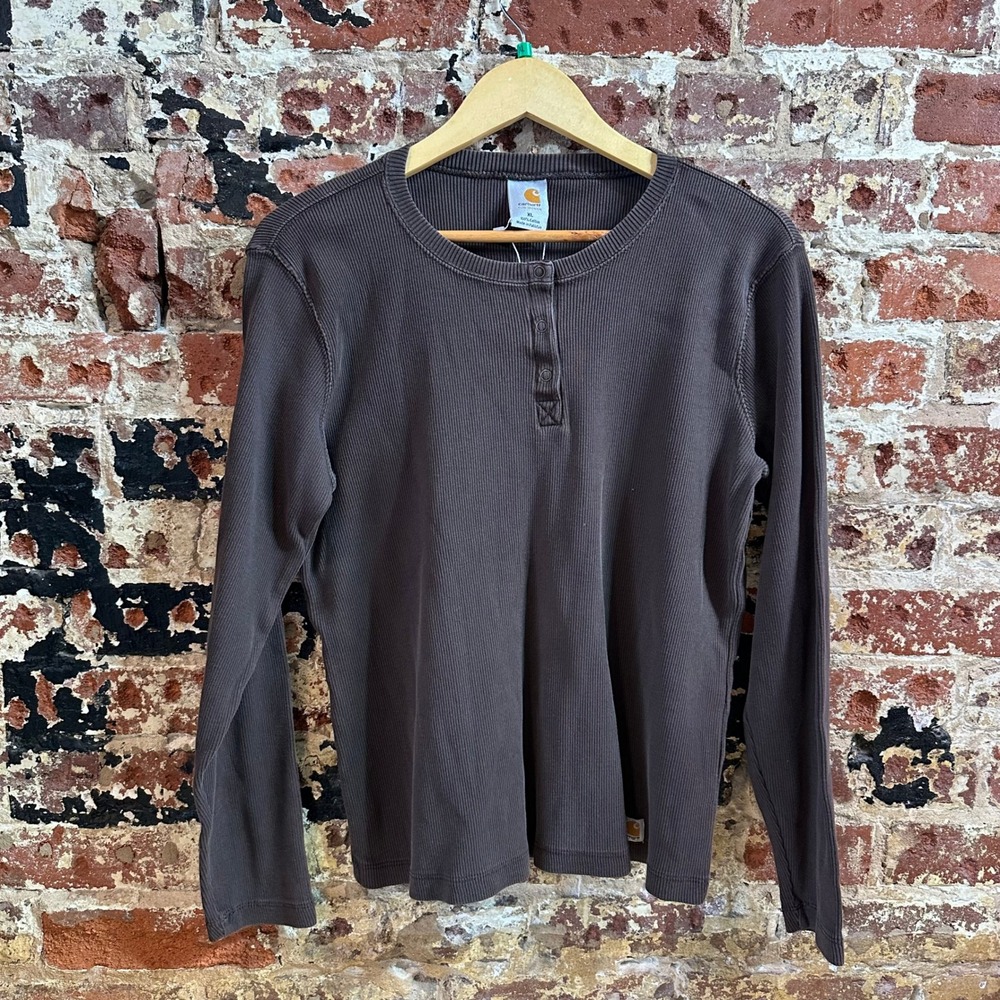 Carhartt Dark Brown T-Shirt Womens XL Long sleeve Work casual Thermal henley Y2K